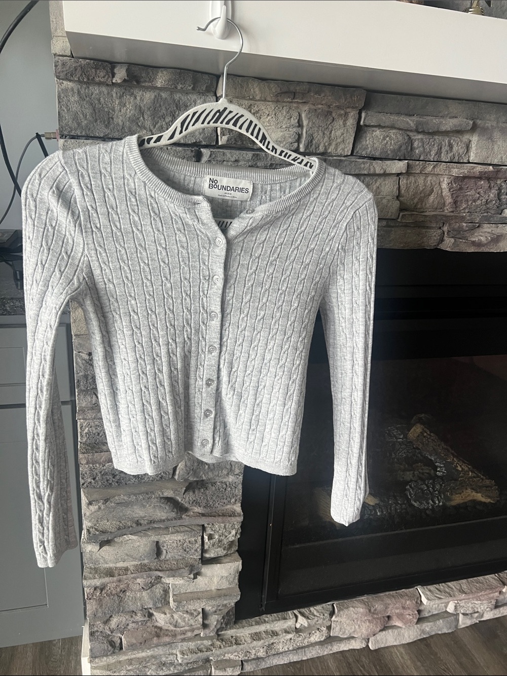 No Boundaries Women's Light Gray Cable-Knit Button Cardigan